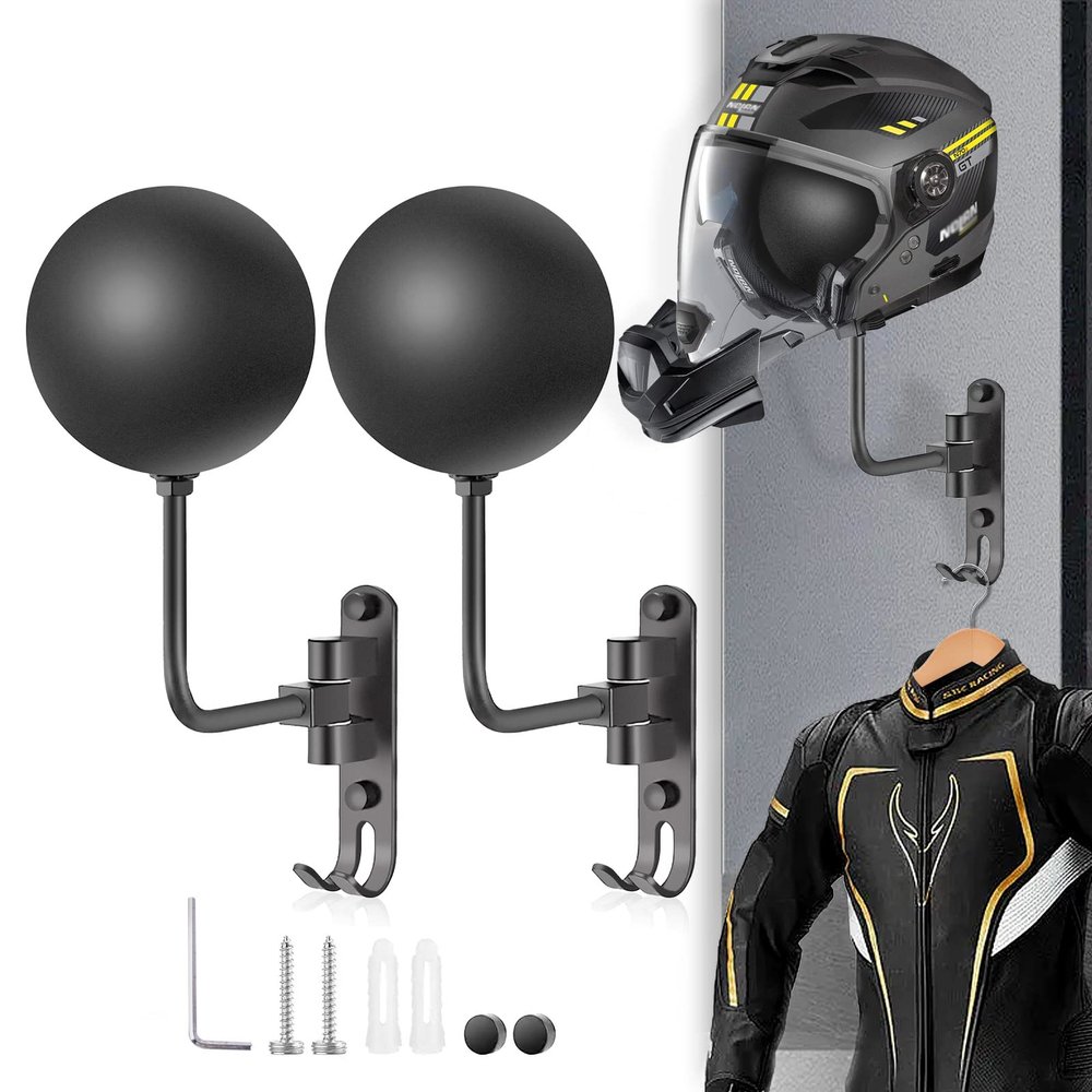 Motorcycle Helmet Holder Wall Mount 180 Degree Rotation Metal Bike Helmet Rack Mount Bicycle Helmet Display Stand Hanger with 2 Hooks Accessories for Motorcycle Bike Baseball Rugby - Gray, 2 Pcs