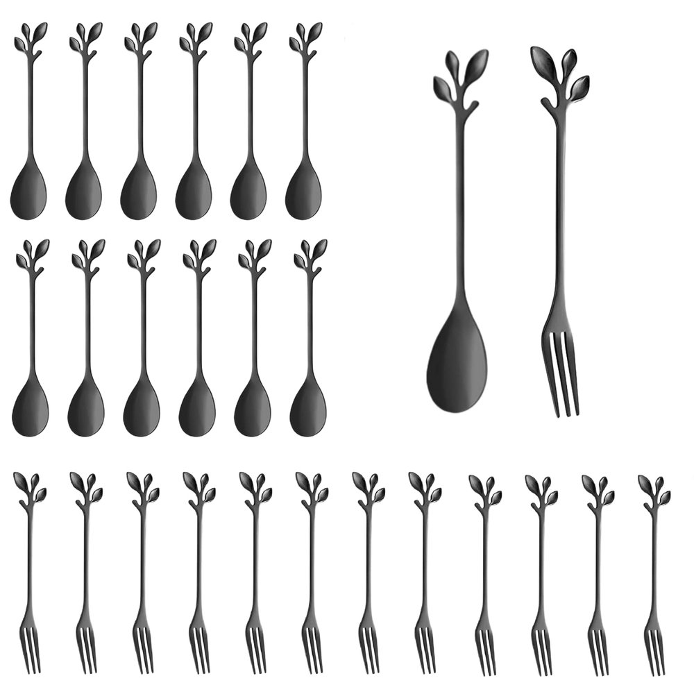 24pcs Small Spoons and Forks Set, Mini Black Tea Spoons Appetizer Forks for for Dessert, Fruit, Sugar, Ice Cream, Coffee, Stirring, Mixing