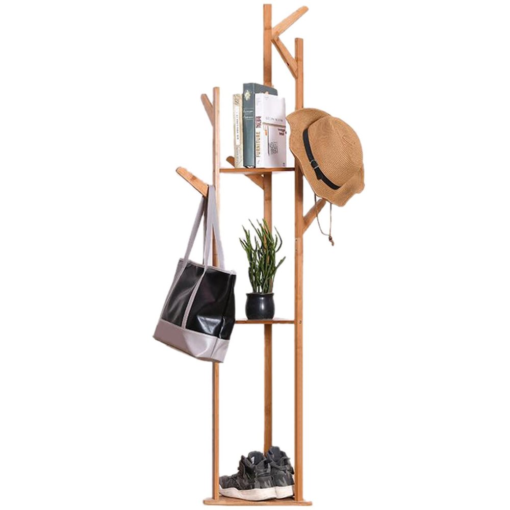 LFFH 8 Hook Coat Racks, Stable Triangle Base Multifunctional Solid Wood Coat Stand Bedroom Clothes Hanging Hanger for Home Office (Color : Apricot)