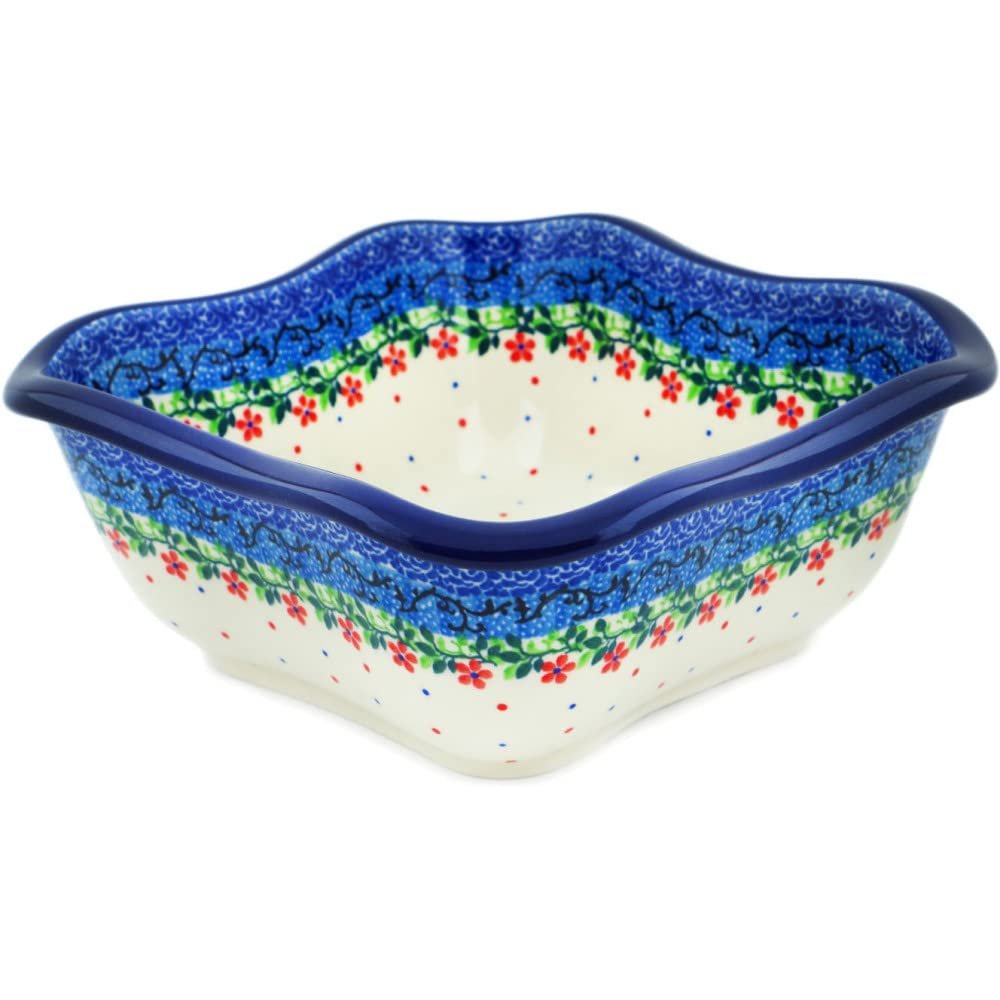 Polmedia Polish Pottery Bowl 8-inch - Princess In A Red Dress Pattern Handmade in Boleslawiec Poland by Ceramika Artystyczna + Certificate of Authenticity