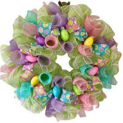 Pastel Easter Egg Ribbon Wreath Handmade Deco Mesh Available in 24 inch and 28 inch diameters