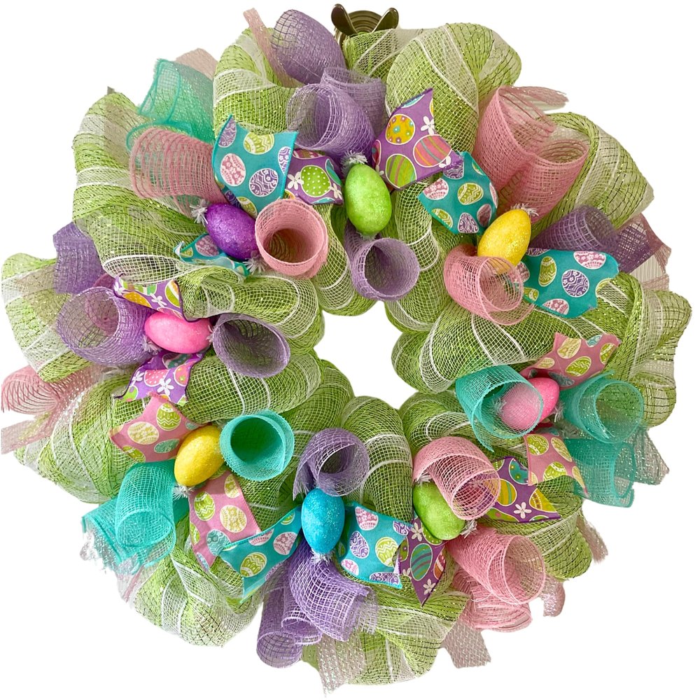 Pastel Easter Egg Ribbon Wreath Handmade Deco Mesh Available in 24 inch and 28 inch diameters