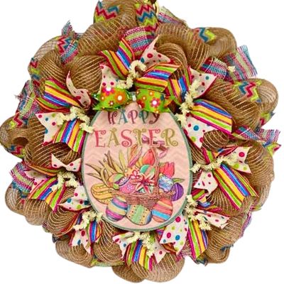 Burlap Decorated Easter Egg Deco Mesh Wreath. Available in 24 inch and 28 inch diameters.