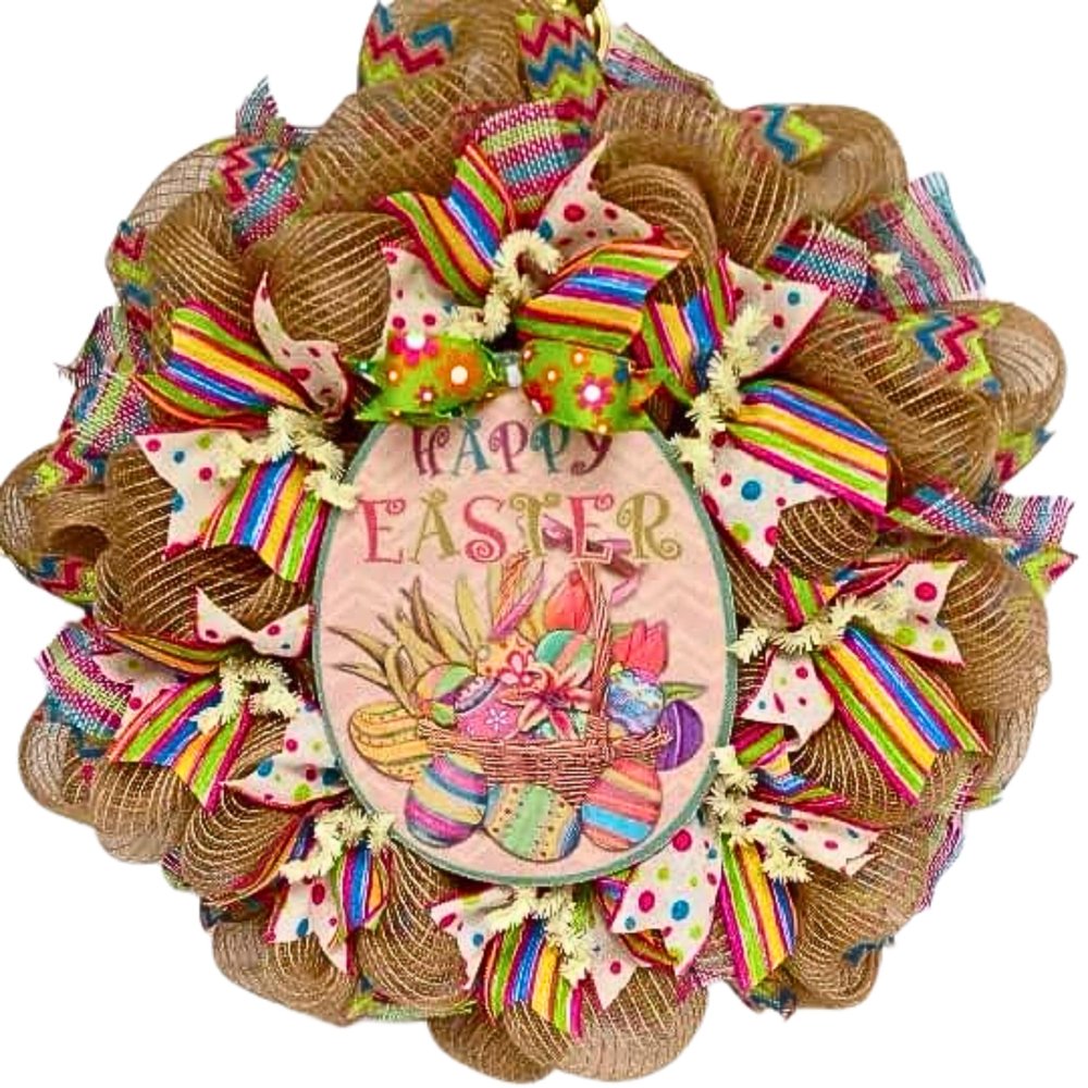 Burlap Decorated Easter Egg Deco Mesh Wreath. Available in 24 inch and 28 inch diameters.