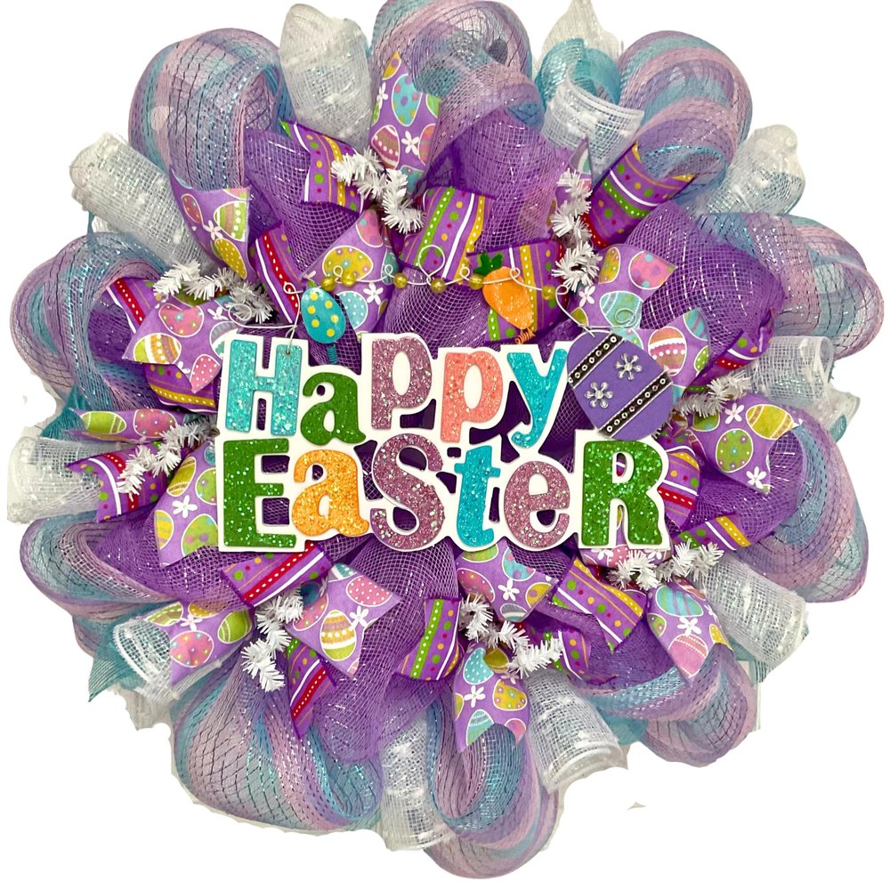 Glittering Lavender Happy Easter Deco Mesh Handmade Wreath. Available in 24 inch and 28 inch diameters.