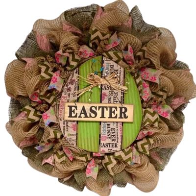 Burlap Easter Egg Deco Mesh Wreath with Pip Berries. Available in 24 inch and 28 inch diameters.