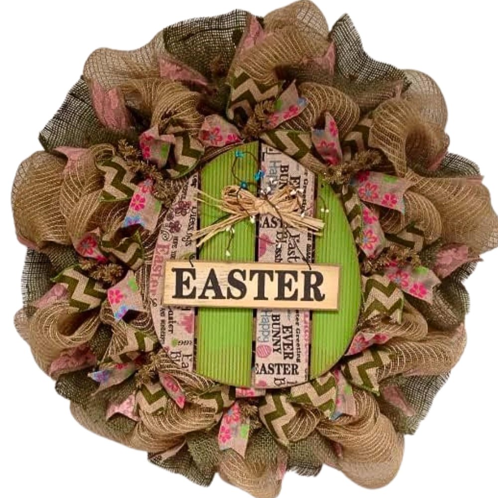 Burlap Easter Egg Deco Mesh Wreath with Pip Berries. Available in 24 inch and 28 inch diameters.