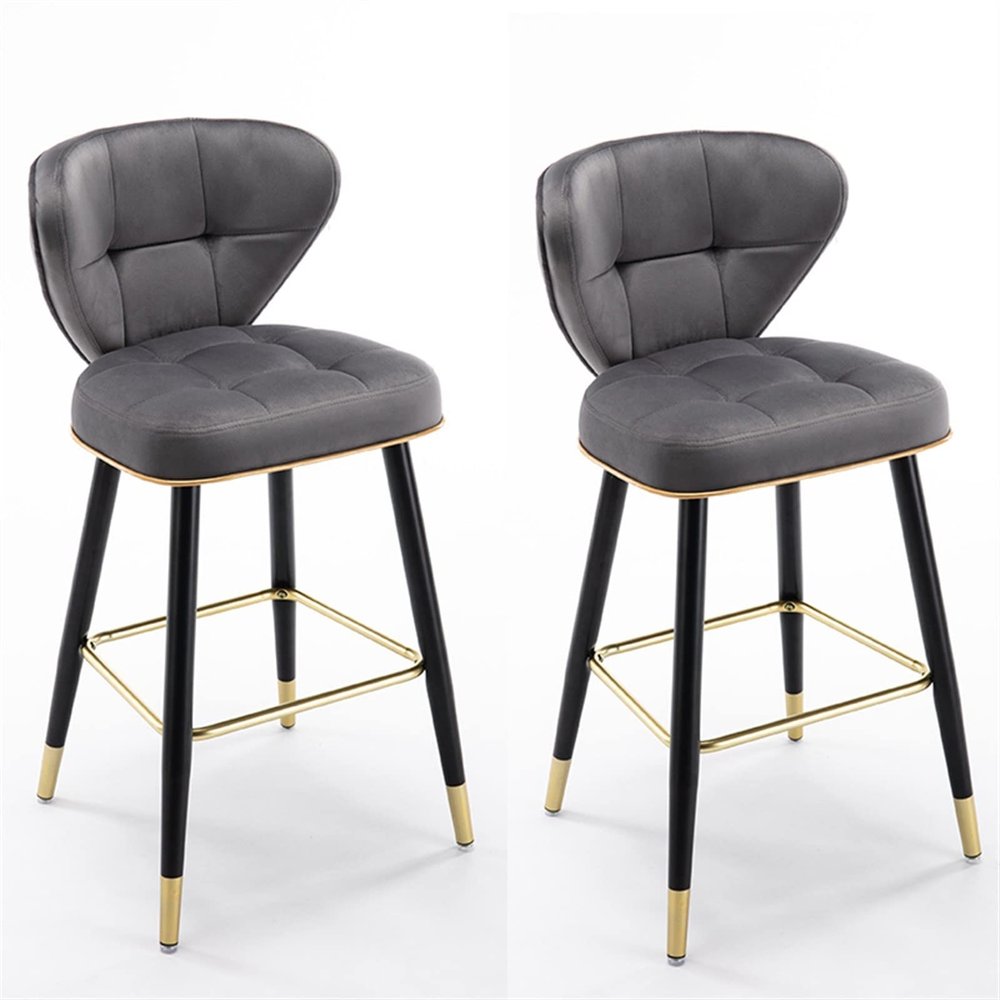 26 Inches Bar Chairs Bar Stools Set of 2 with Backs, Velvet Kitchen Island Counter Height, Metal Black Leg Upholstered Seat for Bars, Cafes, Lounges, Pub, Dining Room Stool ( Color : Dark grey )