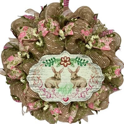 Burlap Bunny Easter or Baby Wreath Handmade Deco Mesh. Available in 24 inch and 28 inch diameters