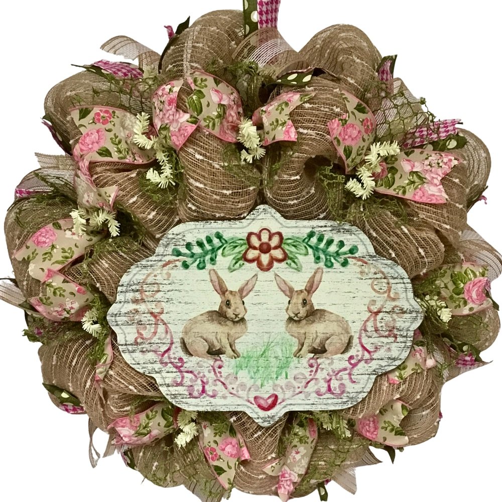 Burlap Bunny Easter or Baby Wreath Handmade Deco Mesh. Available in 24 inch and 28 inch diameters