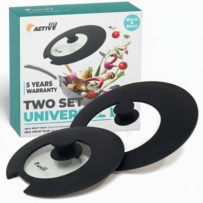 2-Pack Universal Silicone Lids for Pots and Pans - Replacement Pan Covers Fit 7-12 Inch Frying Pans and Pots, Black & Black