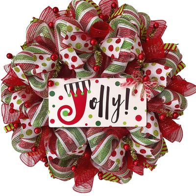Jolly Christmas Red and Green Striped Wreath Handmade Deco Mesh. Available in 24 inch and 28 inch diameters