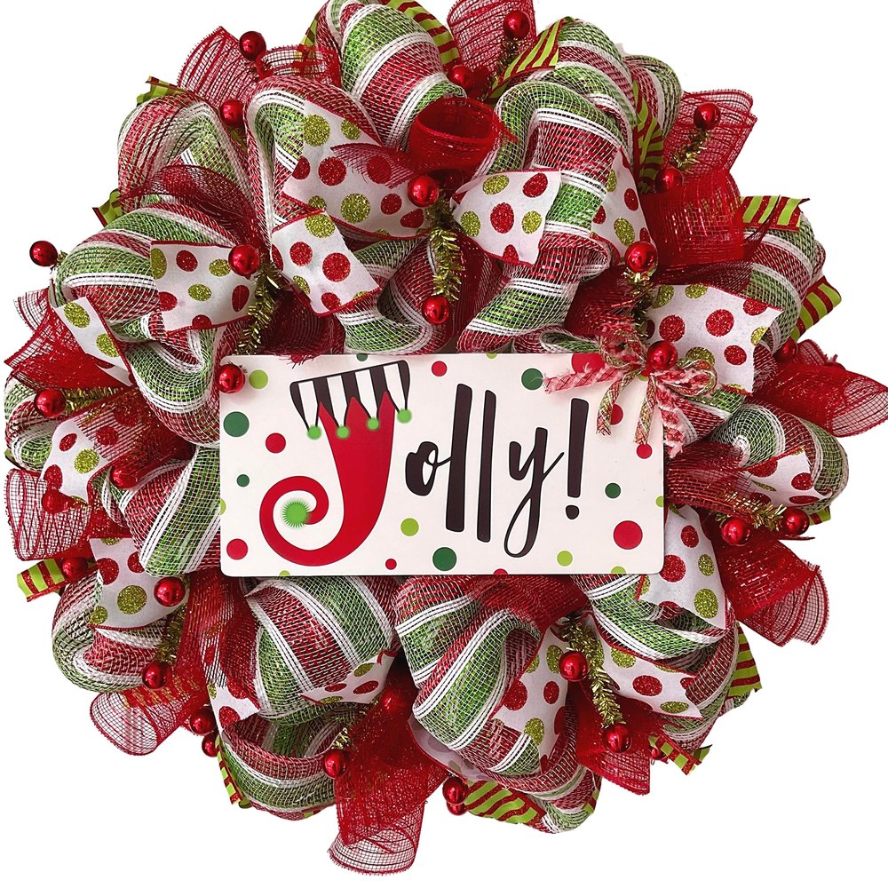 Jolly Christmas Red and Green Striped Wreath Handmade Deco Mesh. Available in 24 inch and 28 inch diameters