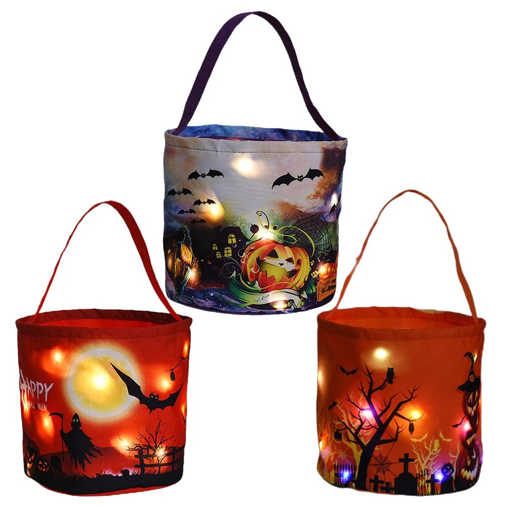 Halloween Candy Bags with LED Lights Trick or Treat Basket, Light up Halloween Party Bags Multipurpose Reusable Goody Bucket for Kids (Package K)