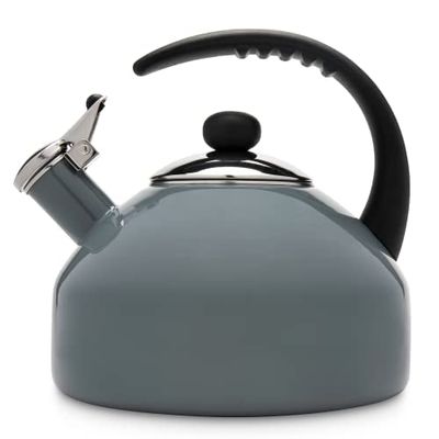 Farberware Omega Tea Kettle, Whistling Tea Pot, Works For All Stovetops, Porcelain Enamel on Carbon Steel, BPA-Free, Rust-Proof, Stay Cool Handle, 2.75 quart (11 cups) Capacity(Gray)