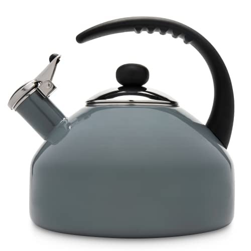 Farberware Omega Tea Kettle, Whistling Tea Pot, Works For All Stovetops, Porcelain Enamel on Carbon Steel, BPA-Free, Rust-Proof, Stay Cool Handle, 2.75 quart (11 cups) Capacity(Gray)