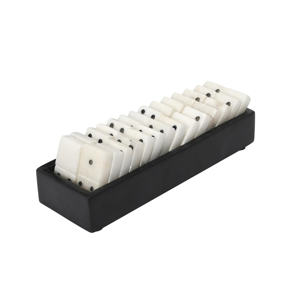 Creative Co-Op Handmade Alabaster Dominos in Soapstone Tray, Black and White
