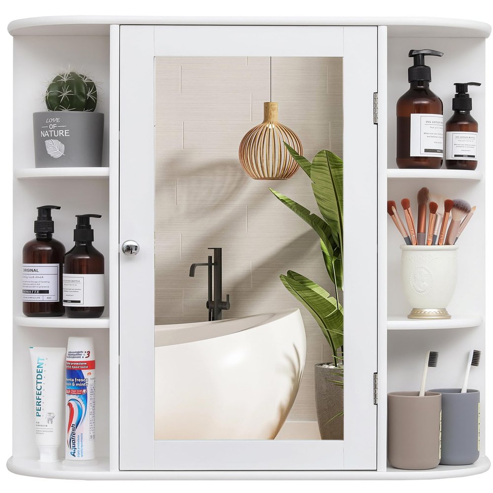 Iwell Bathroom Medicine Cabinet with Mirror, Bathroom Wall Cabinet with 2 Adjustable Shelves & 6 Open Shelves, Medicine Cabinet Organizer, Bathroom Cabinet Wall Mounted, White