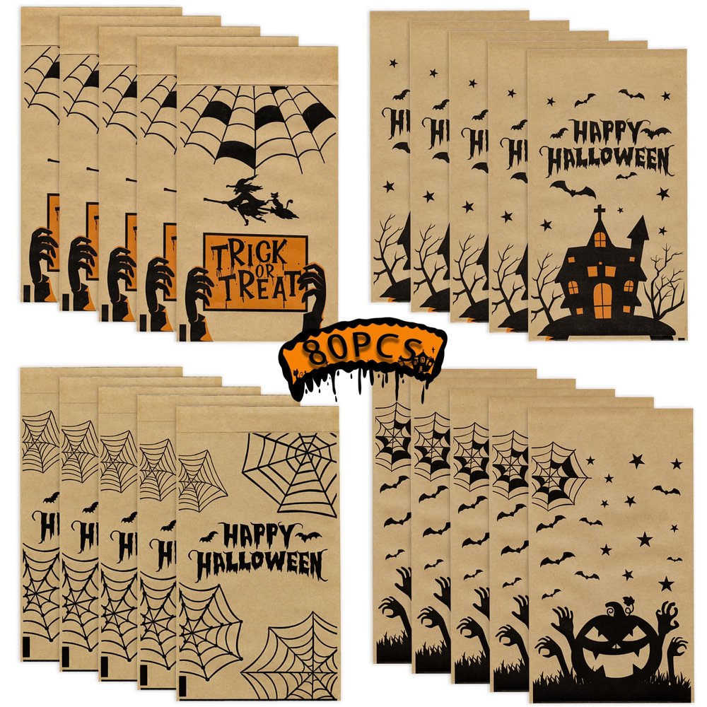 Haxpacal Halloween Treat Bags, 80PCS Halloween Candy Bags Treat Bags Halloween Party Supplies Candy Bags for Trick or Treating, Kids Halloween Party Favor Goodie Bags