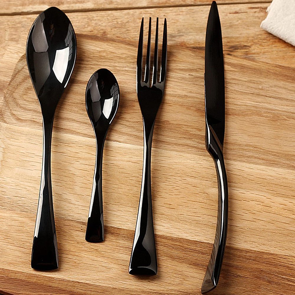 TWEE Black Silverware Set 32 Piece Stainless Steel Flatware Service for 8 Bordered Cutlery Utensil Include Knife Fork Spoon Teaspoon Home Kitchen Tableware Mirror Polished Dishwasher Safe