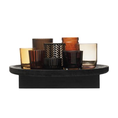 Bloomingville Bloomingville Embossed Glass and Metal Votive Holders with Paulownia Wood Tray, Set of 9, Multicolor