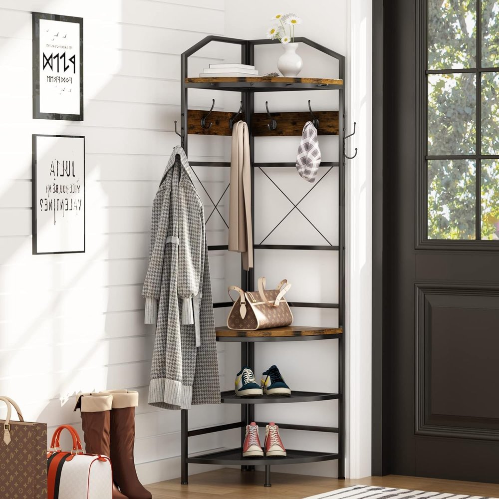 LTTROMAT Corner Coat Rack with Storage, Entryway Hall Tree with Bench and 8 Metal Hooks, Freestanding Clothes Rack Shoes Shelf Organizer for Home Office Bedroom, Rustic Brown