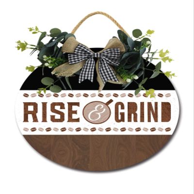 Rise & Grind Sign Door Wreaths Front Door Sign Rustic Decor Round Wood Door Hanger Hanging Sign Porch Decorations for Home Wedding Gift
