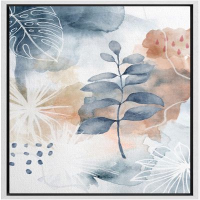 NWT Framed Canvas Print Wall Art Blue Brown Watercolor Plants Abstract Nature Illustrations Modern Art Decorative Floral Botanical Wilderness for Living Room, Bedroom, Office - 16"x24" White