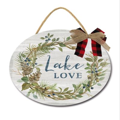 Lake Love Sign Door Wreaths Front Door Sign Rustic Decor Round Wood Door Hanger Hanging Sign Porch Decorations for Home Wedding Gift