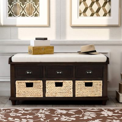 Yoluckea Rustic Storage Bench with 3 Drawers and 3 Rattan Baskets, Shoe Bench for Living Room, Entryway (Espresso)