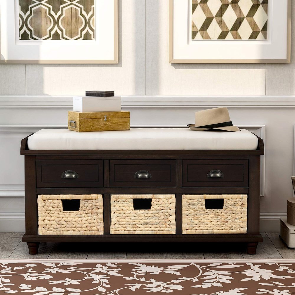 Yoluckea Rustic Storage Bench with 3 Drawers and 3 Rattan Baskets, Shoe Bench for Living Room, Entryway (Espresso)