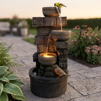 Cheng Pin 3 Tiers Outdoor Water Fountain, 28 Inch Tall Stacked Stones Cascading Bowl Fountain, Relaxing Waterfall Flow Water Feature, Bird Rest Station for Garden, Lawn, Yard Outdoor Decor