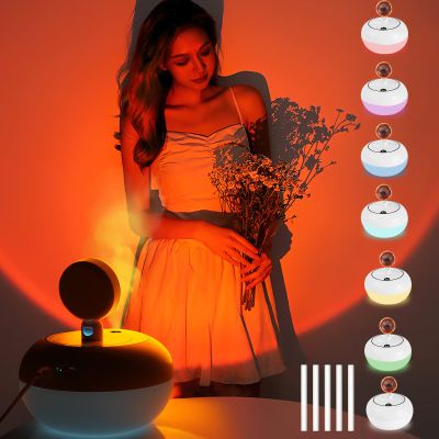 Humidifiers, Sunset Lamp Air Humidifier for Bedroom 300ml Cool Mist Humidifiers with Colourful Night Light USB Powered Mini Humidifiers for Baby, Office, Home with Adjustable Sunset Light