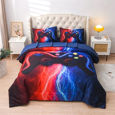 Meeting Story Gamer Gaming Bedding Sets Red-Blue Lightnings Gamepad Comforter Set for Boys Games Console Action Buttons Novelty Colorful Modern Room Decor Home Quilt Set (Red-Blue, Twin 5Pcs)