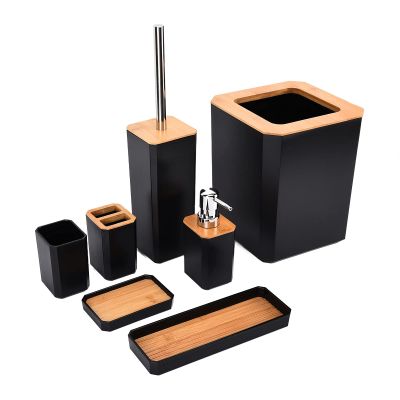 7Pcs Black Bamboo Bathroom Accessories Set Toilet Toothbrush Holder Set Bamboo Soap Box Toothbrush Trash Bin Kit Bamboo Bathroom Accessory Set for Home Hotel(Black)