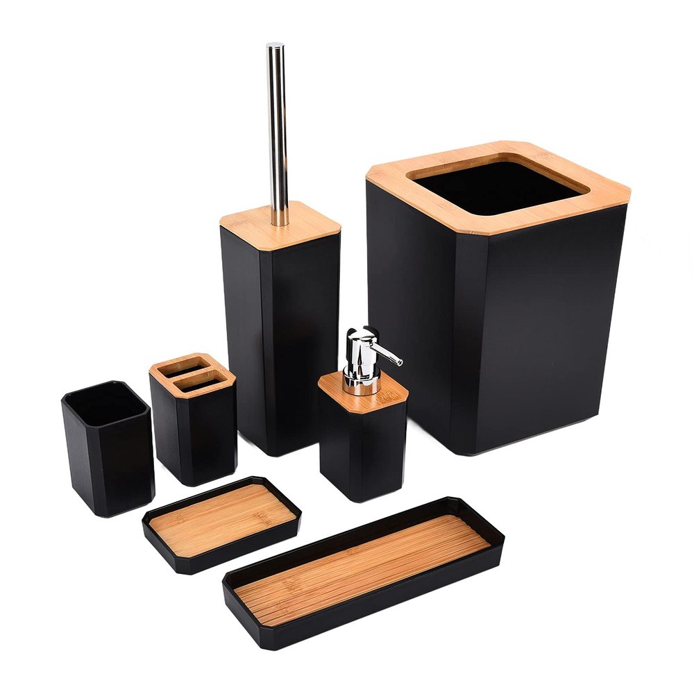 7Pcs Black Bamboo Bathroom Accessories Set Toilet Toothbrush Holder Set Bamboo Soap Box Toothbrush Trash Bin Kit Bamboo Bathroom Accessory Set for Home Hotel(Black)