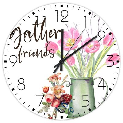 12" Wooden Wall Clock Gather Friends Watercolor Floral in Mason Jar Home Decor for Garage Custom Blossoms Colorful Flowers Wall Clocks Round Wooden Wall Clock Vintage for Auto Shop Girls Room