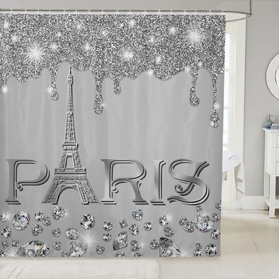 Erosebridal Eiffel Tower Shower Curtain 72x72 for Kids Boys Girls,Retro Grey Bling Bling Sparkles Bathroom Curtain,Gradient Diamond Bath Curtain Bathtubs Decor,Girly Sequins Waterproof Shower Curtain