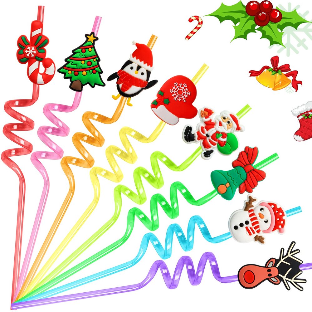 24 PCS Christmas Party Favors Drinking Straws Reusable Plastic Straw with Cartoon Decoration for Kids Party Supplies for New Year, Christmas, Birthday Party, 8 Styles