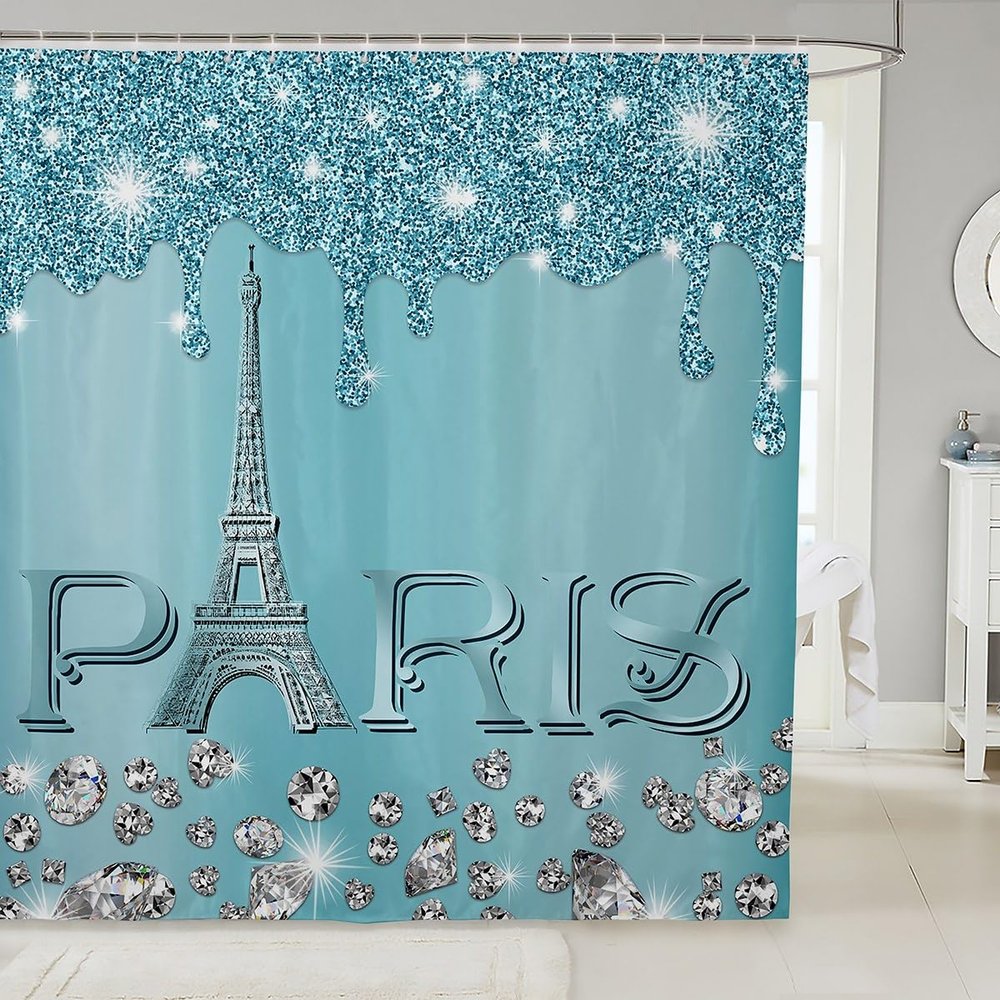 Erosebridal Eiffel Tower Shower Curtain 72x72 for Kids Boys Girls,Teal Bling Bling Sparkles Bathroom Curtain,Gradient Diamond Bath Curtain,Girly Sequins Waterproof Shower Curtain Bathtubs Decor