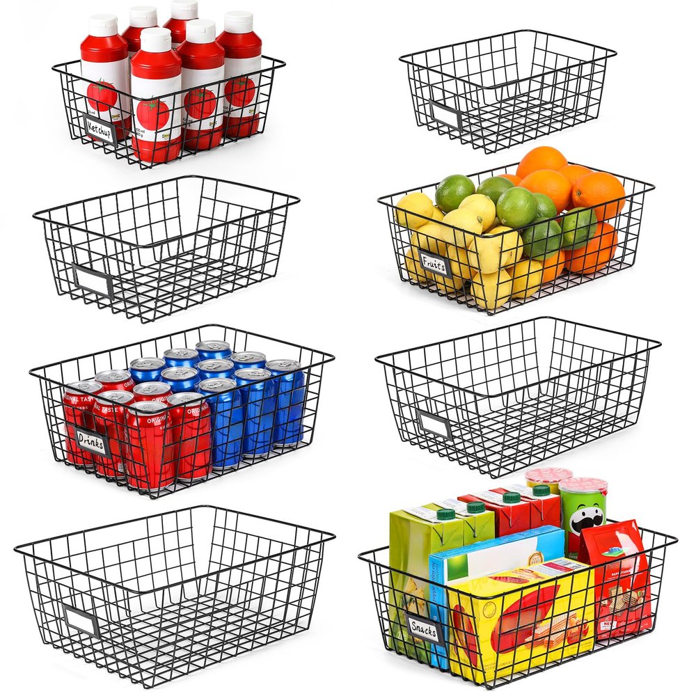 8 Set, Extra Large Wire Baskets for Organizing with Lables, Cabinet Pantry Organization and Storage Bins - Metal Basket for Kitchen, Laundry, Garage, Fridge, Bathroom Countertop Organizer, Black