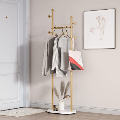 Smlttel Gold Clothing Rack With Shelves, Gold Coat Rack Freestanding with Marble Base, Coat Hanger Hat Tree Standing Clothes Racks for Boutique, Bedroom
