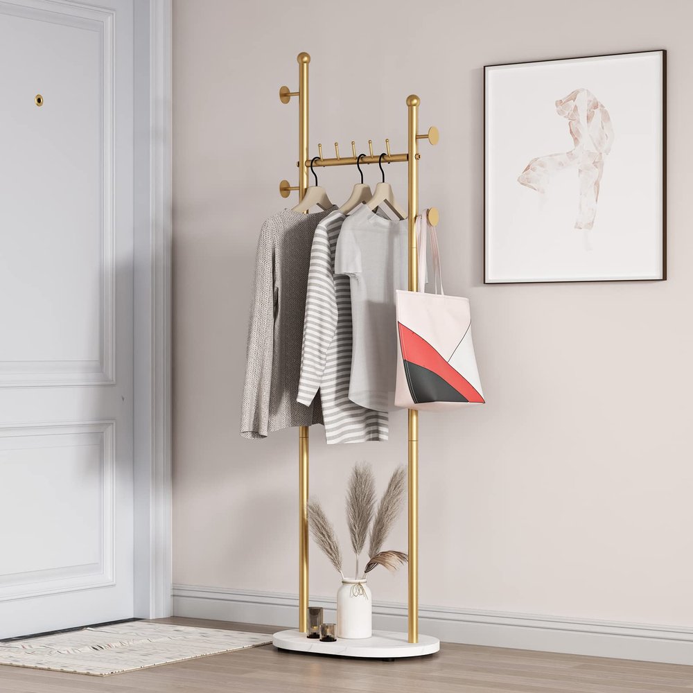 Smlttel Gold Clothing Rack With Shelves, Gold Coat Rack Freestanding with Marble Base, Coat Hanger Hat Tree Standing Clothes Racks for Boutique, Bedroom