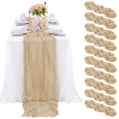 10 Pcs Beige Cheesecloth Table Runner 10FT, Gauze Table Runner for Wedding Reception Sheer Bridal Shower Birthday Party Boho Table Decoration, Rustic Romantic Wedding Runner