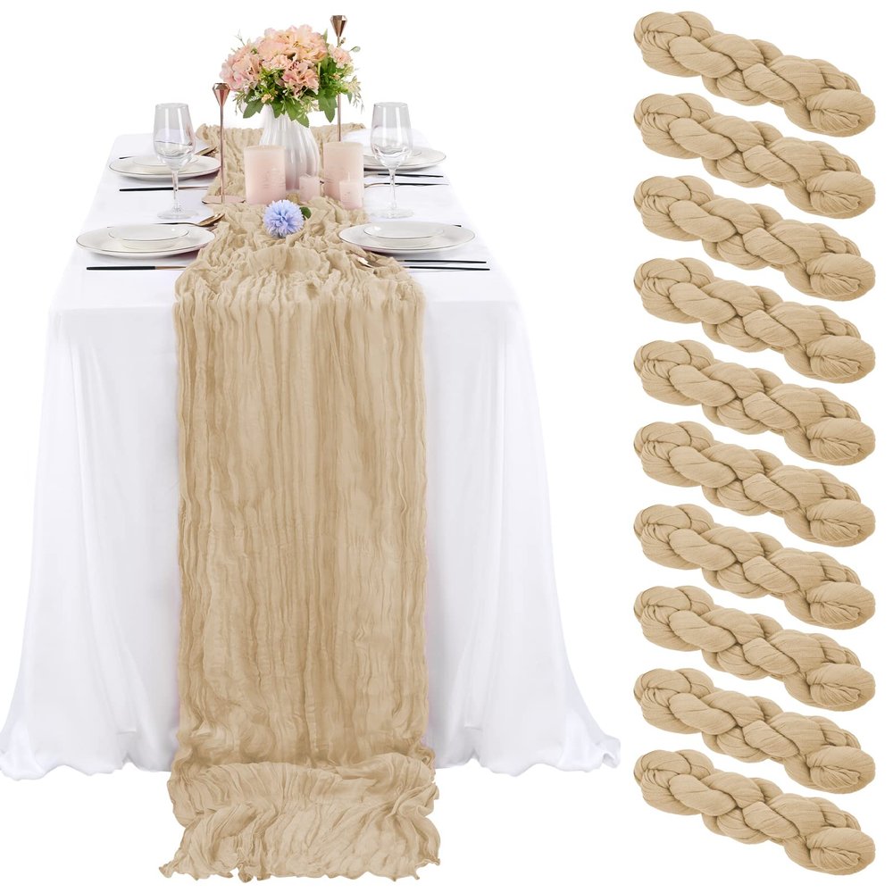 10 Pcs Beige Cheesecloth Table Runner 10FT, Gauze Table Runner for Wedding Reception Sheer Bridal Shower Birthday Party Boho Table Decoration, Rustic Romantic Wedding Runner