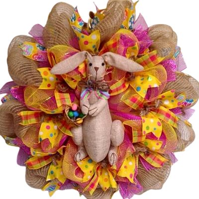 Burlap Easter Bunny with Easter Egg Basket Deco Mesh Wreath