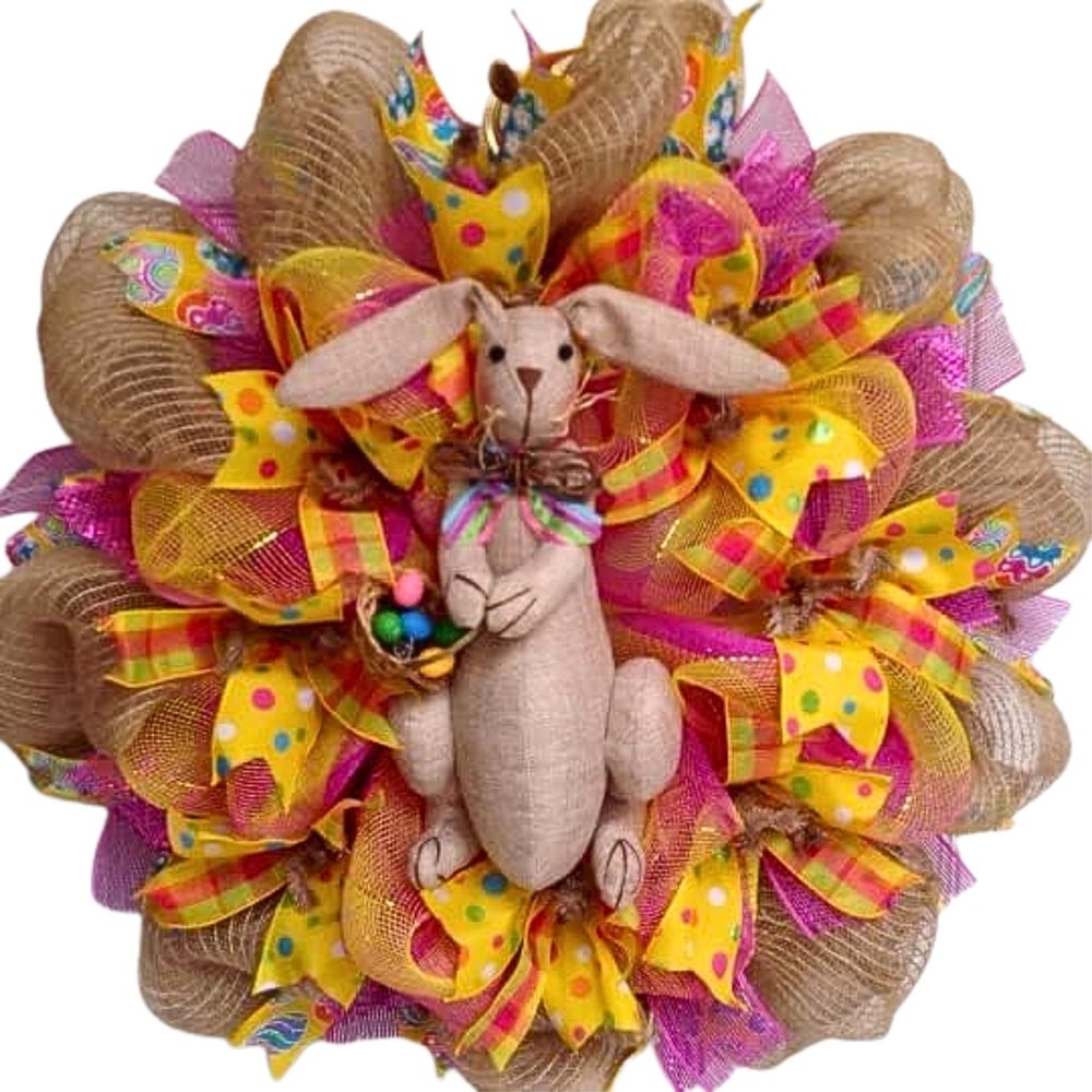 Burlap Easter Bunny with Easter Egg Basket Deco Mesh Wreath