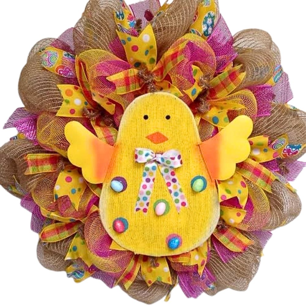 Easter Wreath with Big Yellow Chick Handmade Deco Mesh. Available in 24 inch and 28 inch diameters.