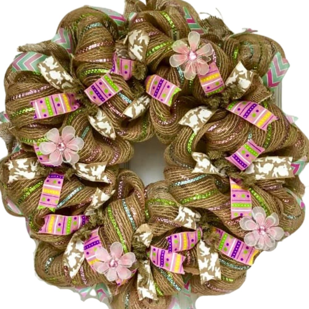 Easter Wreath, Luxury Handmade - Easter Burlap and Ribbon Front Door Decor, 24 or 28 Inch