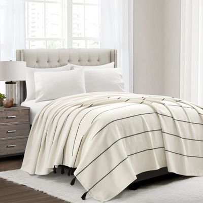 Lush Decor Farmhouse Boho Stripe Woven Tassel Yarn Dyed Cotton Coverlet, King, Ivory & Black